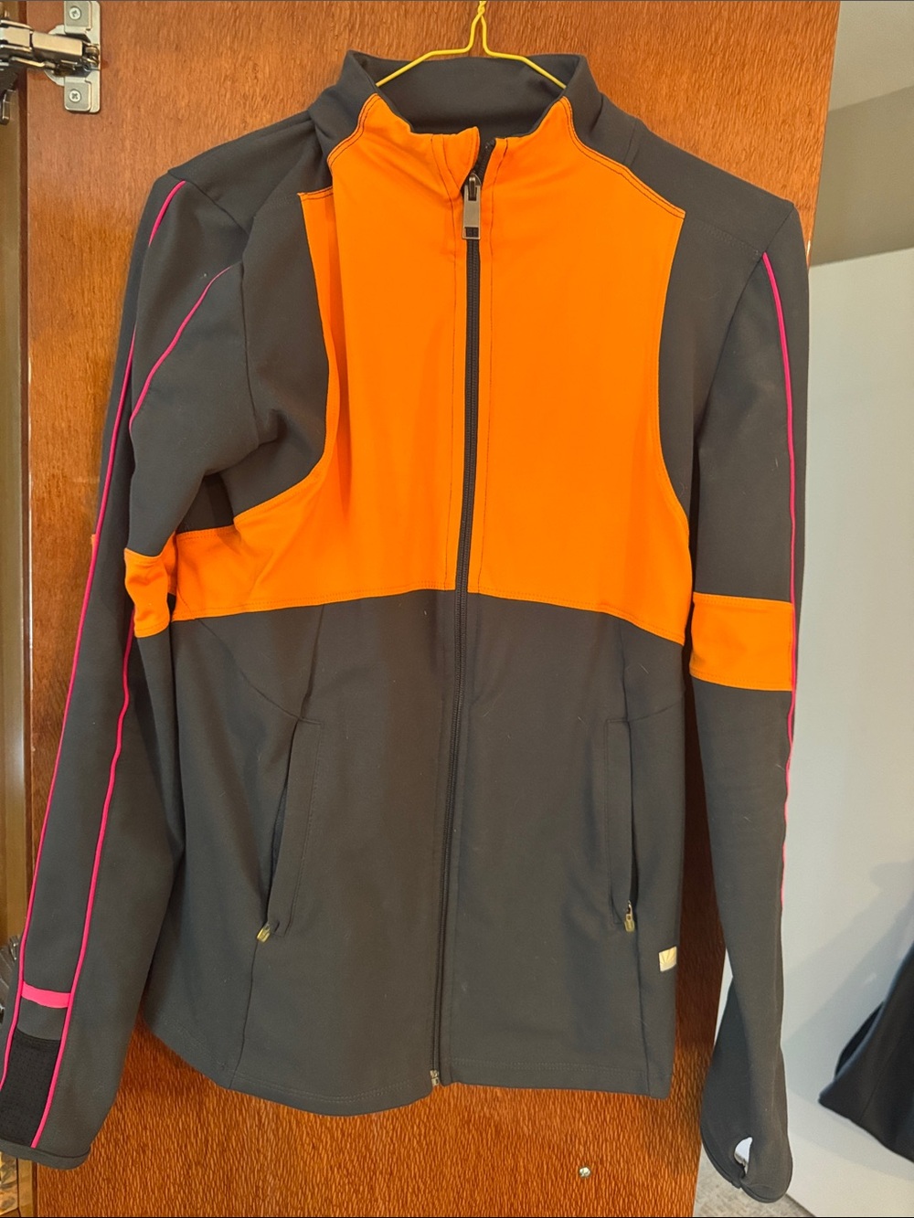 C.C Women's Orange and Black Zip-Up Utility Jacket with Pink Piping